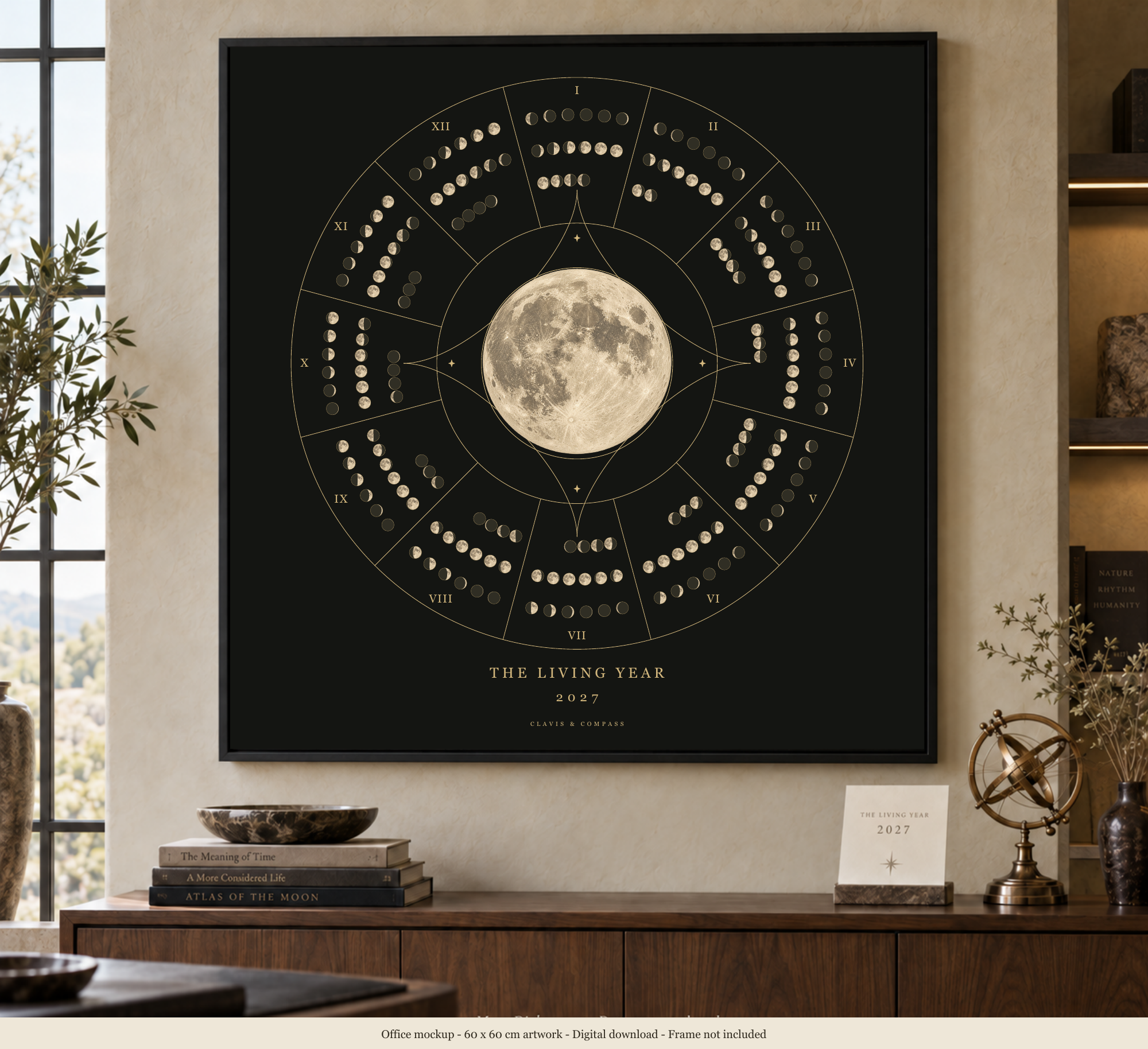 The same square Moon Dial artwork framed above a cabinet in a warm stone office